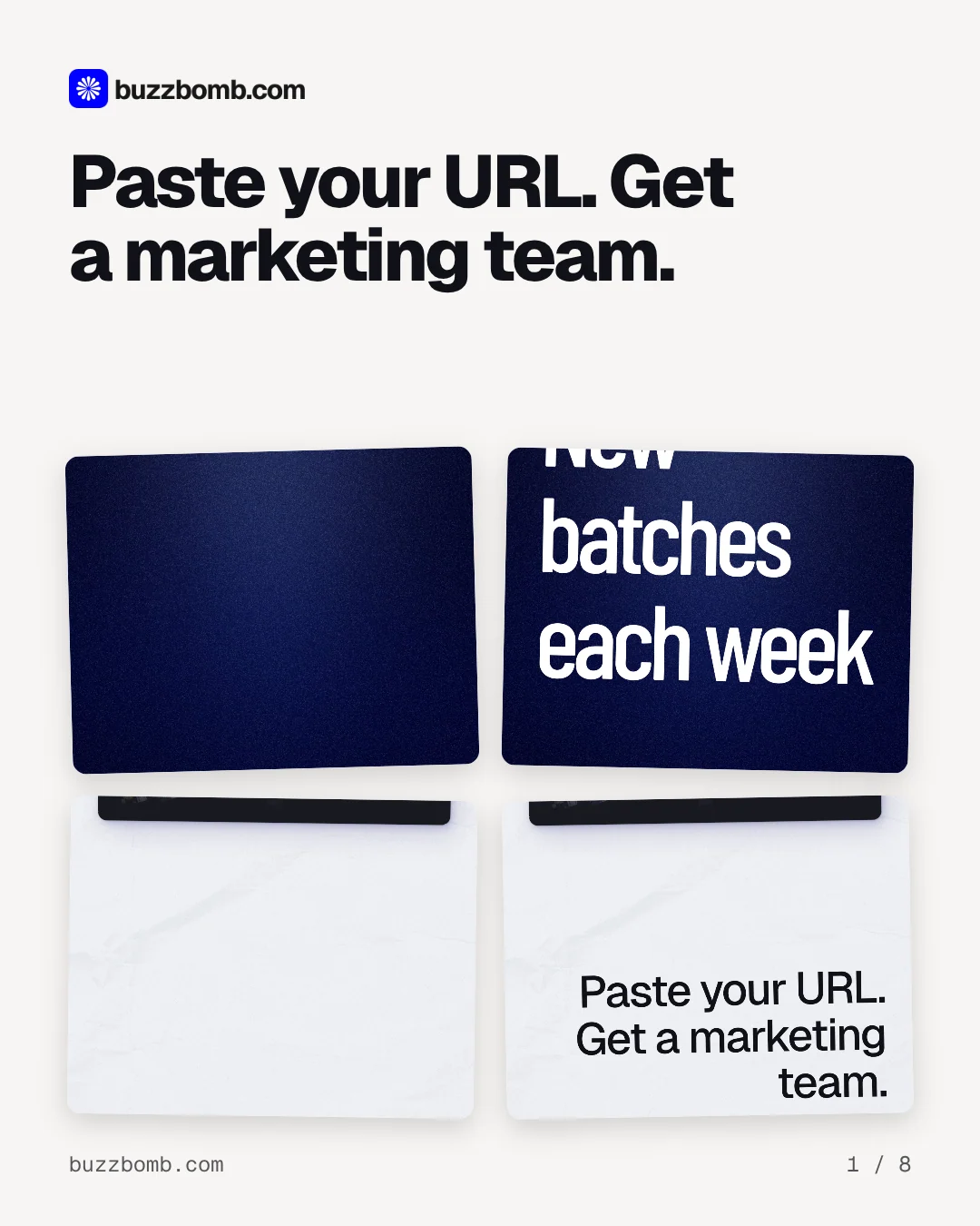 Carousel for BuzzBomb: "Paste your URL. Get a marketing team.". Collection carousel, 8 slides, light palette.