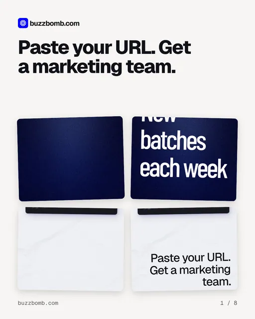 Carousel for BuzzBomb: "Paste your URL. Get a marketing team.". Collection carousel, 8 slides, light palette.