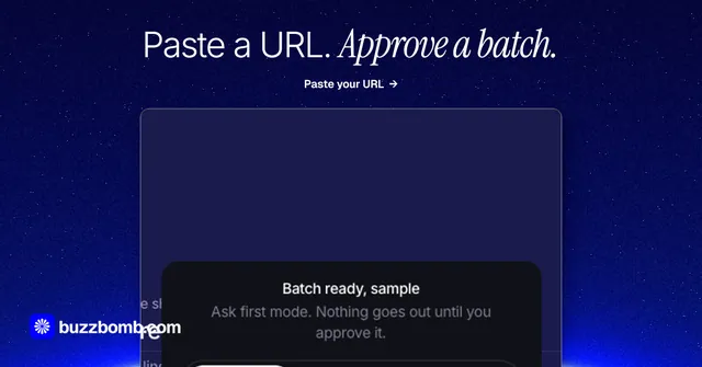Social ad for BuzzBomb: "Paste a URL. Approve a batch." Swiss style, ogui layout, dark palette in blue.