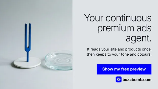 Landscape graphic for BuzzBomb: "Your continuous premium ads agent." Swiss style, right layout, light palette in white, grey, blue.