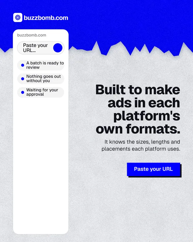 Instagram portrait post for BuzzBomb: "Built to make ads in each platform's own formats." Paper trio style, right layout, light palette in white, blue.