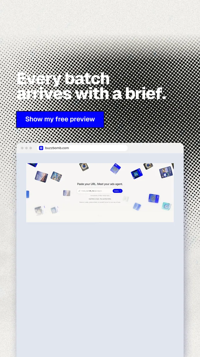 Instagram story for BuzzBomb: "Every batch arrives with a brief." Ink sticker style, browser layout, light palette in blue, white, grey.