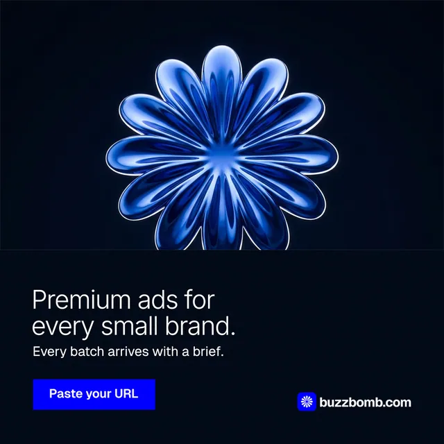Instagram post for BuzzBomb: "Premium ads for every small brand." Swiss style, bottom layout, dark palette in black, blue.