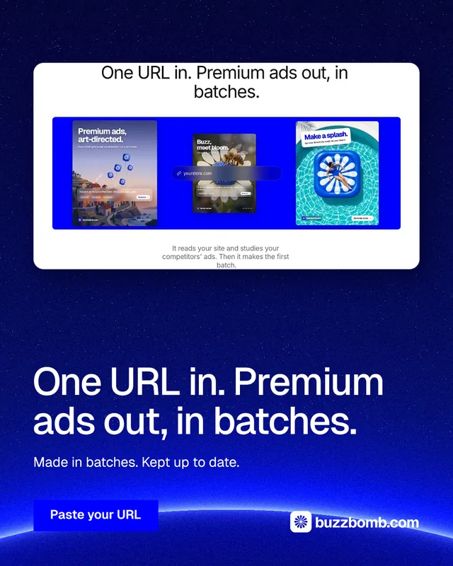 Instagram portrait post for BuzzBomb: "One URL in. Premium ads out, in batches." Swiss style, bottom layout, dark palette in blue, white.