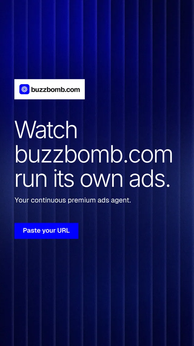 Instagram story for BuzzBomb: "Watch buzzbomb.com run its own ads." Swiss style, announce layout, dark palette in blue.