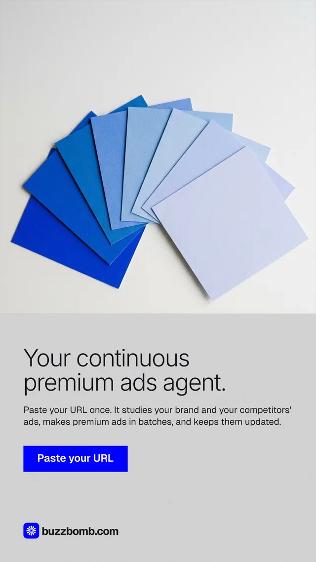 Instagram story for BuzzBomb: "Your continuous premium ads agent." Swiss style, bottom layout, light palette in white, blue.