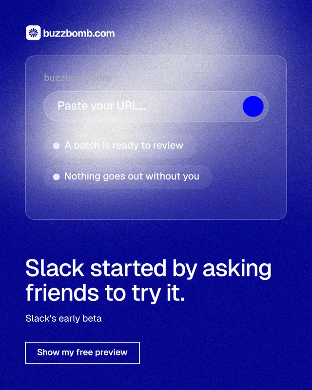 Instagram portrait post for BuzzBomb: "Slack started by asking friends to try it." Cyanotype style, bottom layout, dark palette in blue.