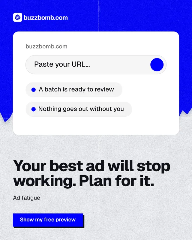 Instagram portrait post for BuzzBomb: "Your best ad will stop working. Plan for it." Paper trio style, bottom layout, light palette in white, blue.