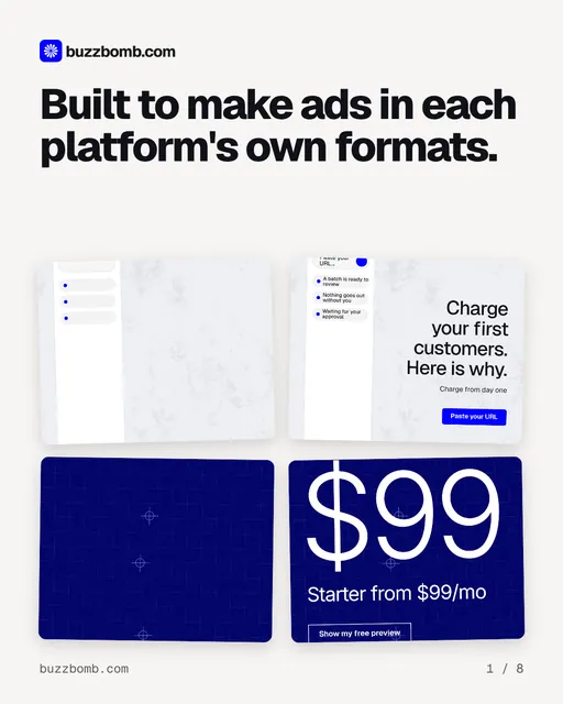 Carousel for BuzzBomb: "Built to make ads in each platform's own formats.". Collection carousel, 8 slides, light palette.