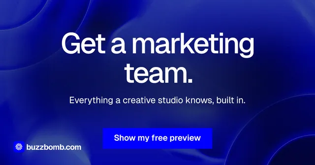 Social ad for BuzzBomb: "Get a marketing team." Swiss style, centred layout, dark palette in blue.