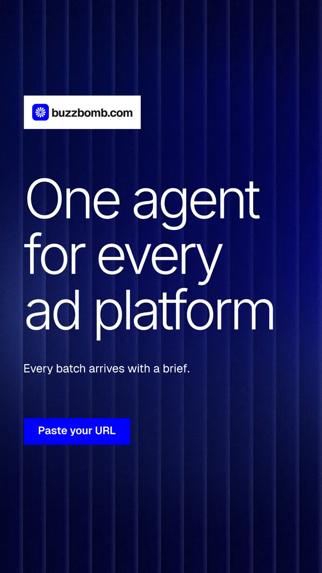 Instagram story for BuzzBomb: "One agent for every ad platform". Swiss style, announce layout, dark palette in black, blue.