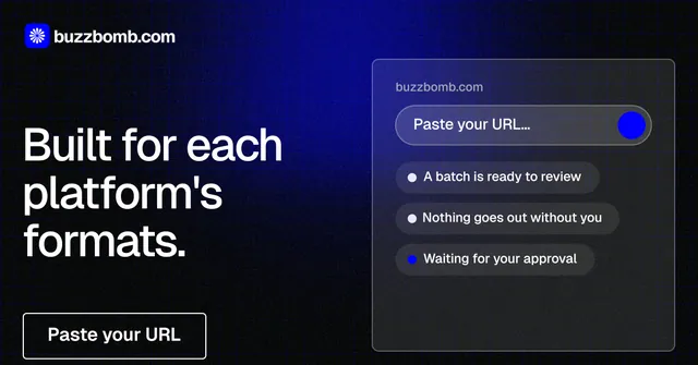Social ad for BuzzBomb: "Built for each platform's formats." Phosphor atlas style, bottom layout, dark palette in black, blue, grey.