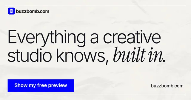 Social ad for BuzzBomb: "Everything a creative studio knows, built in." Swiss style, poster layout, light palette in white, blue.