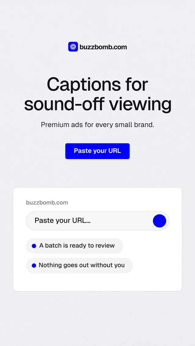 Instagram story for BuzzBomb: "Captions for sound-off viewing". Data card style, centred layout, light palette in white, blue.