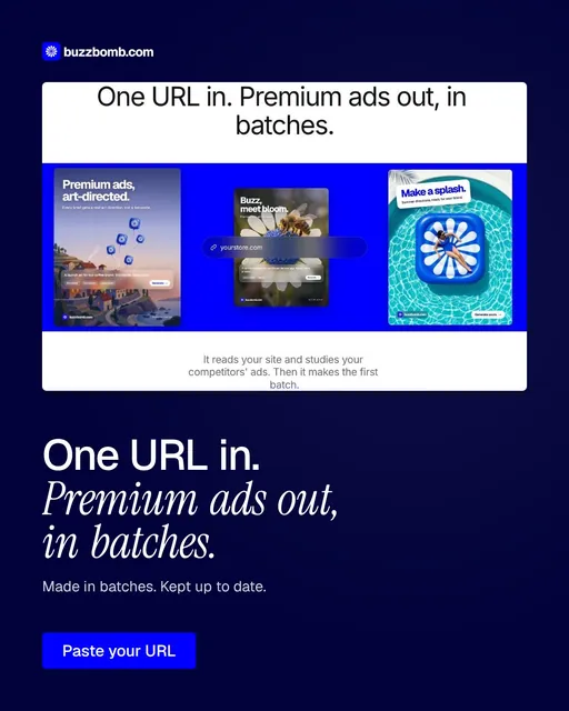 Video for BuzzBomb: "One URL in. Premium ads out, in batches.". Doc motion loop, 7.0 s, dark palette.