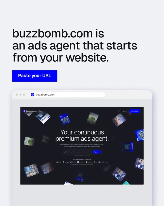Instagram portrait post for BuzzBomb: "buzzbomb.com is an ads agent that starts from your website." Swiss style, browser layout, light palette in white, blue, grey.