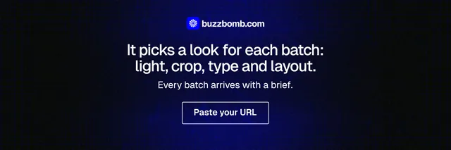 X header for BuzzBomb: "It picks a look for each batch: light, crop, type and layout." Phosphor atlas style, centred layout, dark palette in black, blue.