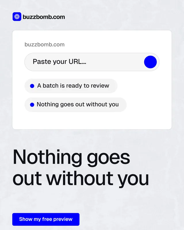 Instagram portrait post for BuzzBomb: "Nothing goes out without you". Data card style, bottom layout, light palette in white, blue.