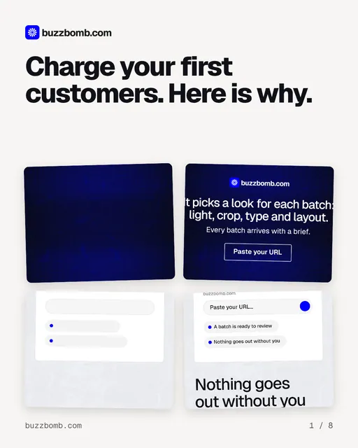 Carousel for BuzzBomb: "Charge your first customers. Here is why.". Collection carousel, 8 slides, light palette.