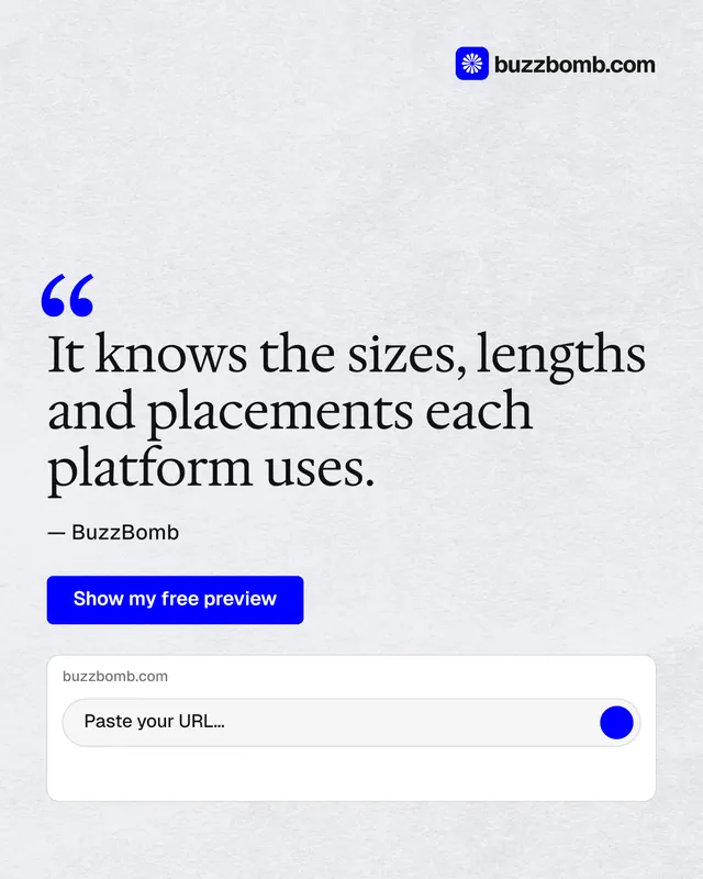 Instagram portrait post for BuzzBomb: "It knows the sizes, lengths and placements each platform uses." Data card style, quote layout, light palette in white, blue.