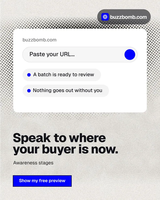 Instagram portrait post for BuzzBomb: "Speak to where your buyer is now." Ink sticker style, bottom layout, light palette in white, grey.
