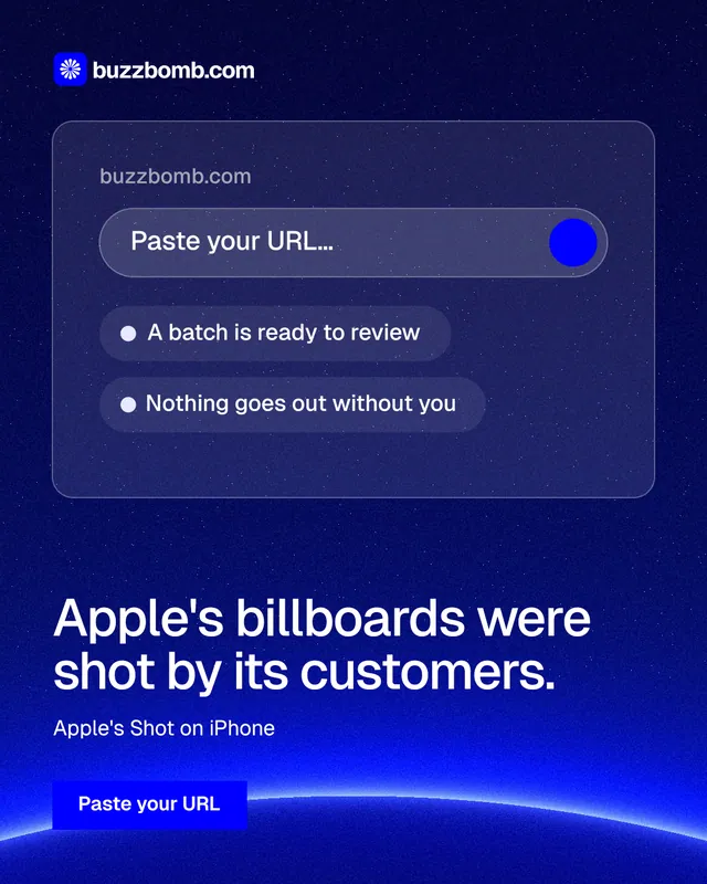 Instagram portrait post for BuzzBomb: "Apple's billboards were shot by its customers." Swiss style, bottom layout, dark palette in blue.