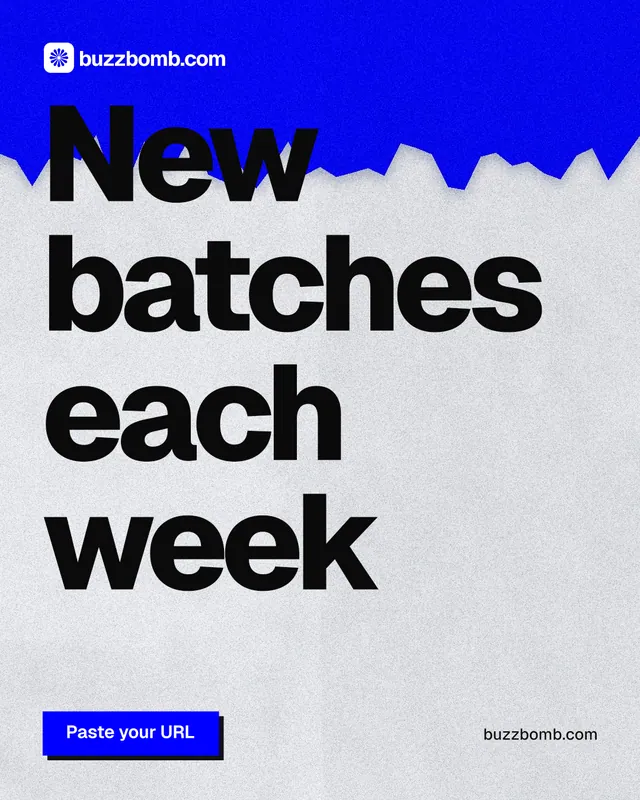 Instagram portrait post for BuzzBomb: "New batches each week". Paper trio style, poster layout, light palette in white, blue, grey.