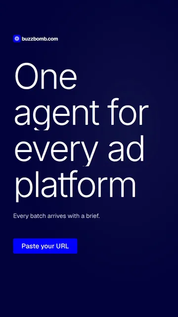 Video for BuzzBomb: "One agent for every ad platform". Doc motion loop, 8.0 s, dark palette.