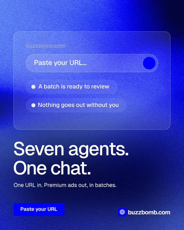 Instagram portrait post for BuzzBomb: "Seven agents. One chat." Swiss style, bottom layout, dark palette in blue.