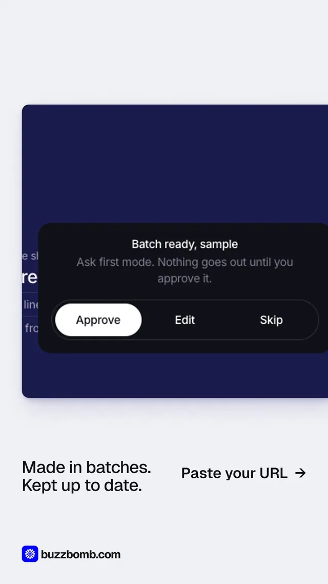 Instagram story for BuzzBomb: "Made in batches. Kept up to date." Data card style, image led layout, light palette in white, blue, black.