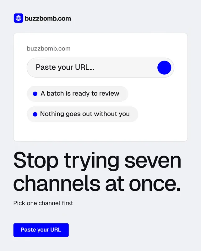 Instagram portrait post for BuzzBomb: "Stop trying seven channels at once." Data card style, bottom layout, light palette in white, blue.