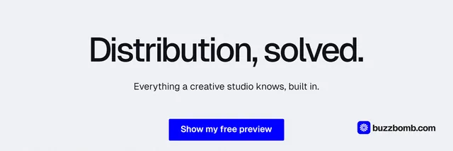 X header for BuzzBomb: "Distribution, solved." Data card style, centred layout, light palette in white, blue.