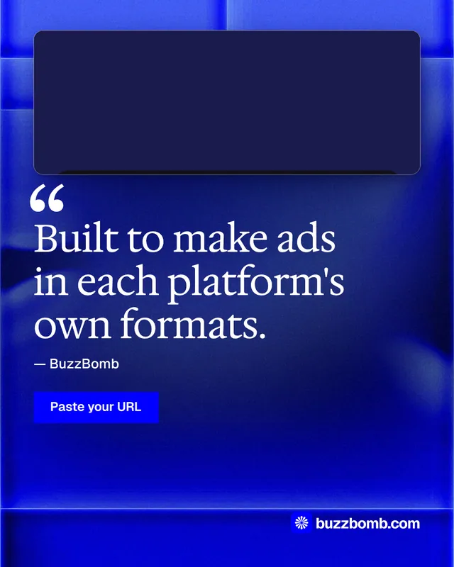 Instagram portrait post for BuzzBomb: "Built to make ads in each platform's own formats." Swiss style, quote layout, dark palette in blue.