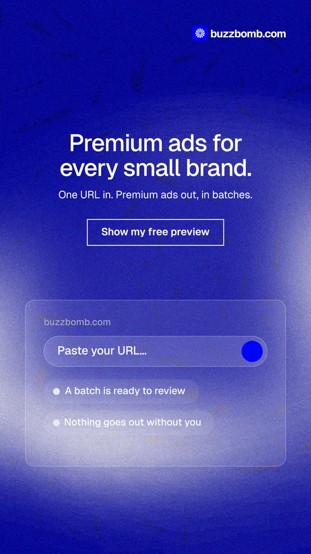 Instagram story for BuzzBomb: "Premium ads for every small brand." Cyanotype style, centred layout, dark palette in blue.