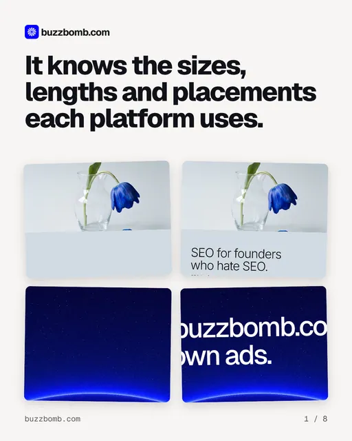 Carousel for BuzzBomb: "It knows the sizes, lengths and placements each platform uses.". Collection carousel, 8 slides, light palette.