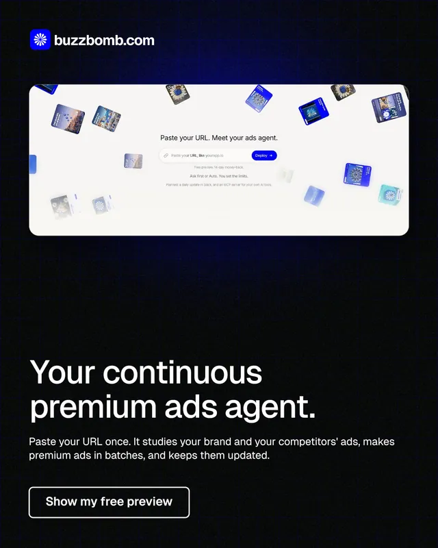 Instagram portrait post for BuzzBomb: "Your continuous premium ads agent." Phosphor atlas style, bottom layout, dark palette in black, white, grey.