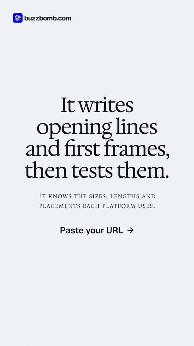 Instagram story for BuzzBomb: "It writes opening lines and first frames, then tests them." Data card style, smallcaps layout, light palette in white.