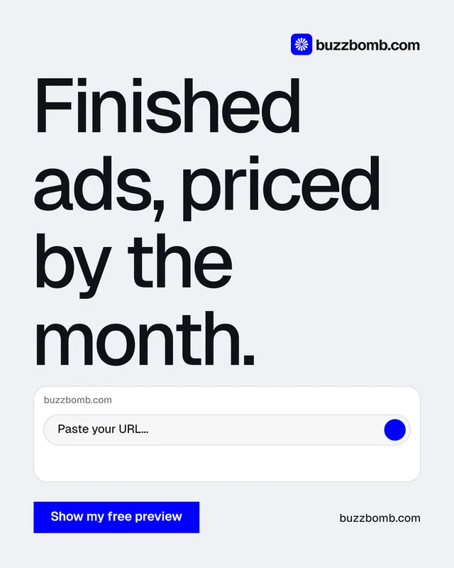 Instagram portrait post for BuzzBomb: "Finished ads, priced by the month." Swiss style, poster layout, light palette in white, grey.