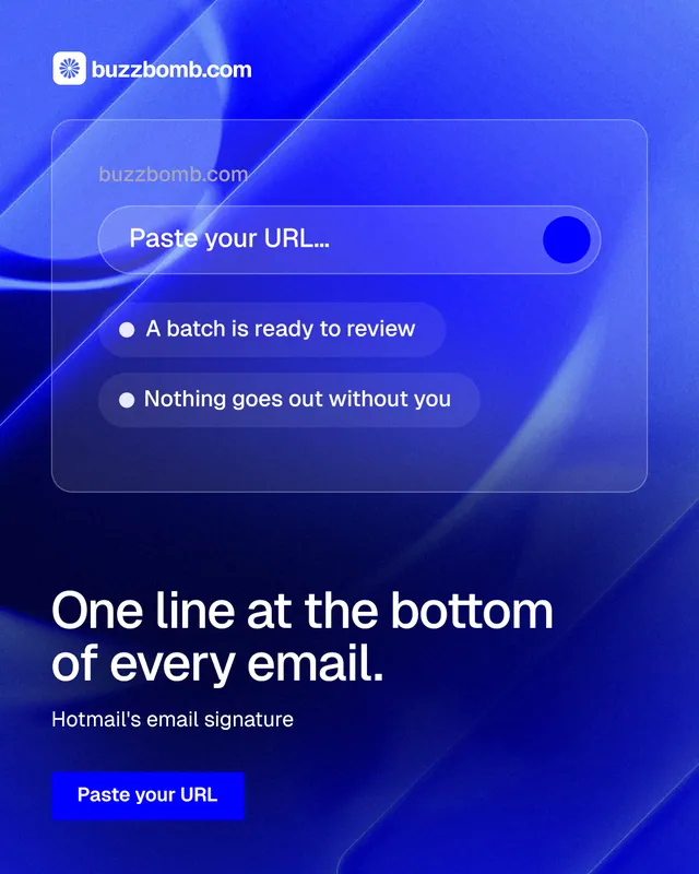 Instagram portrait post for BuzzBomb: "One line at the bottom of every email." Swiss style, bottom layout, dark palette in blue.