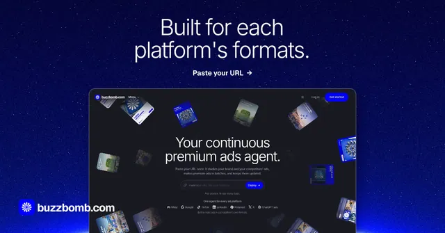 Social ad for BuzzBomb: "Built for each platform's formats." Swiss style, ogui layout, dark palette in blue, black.