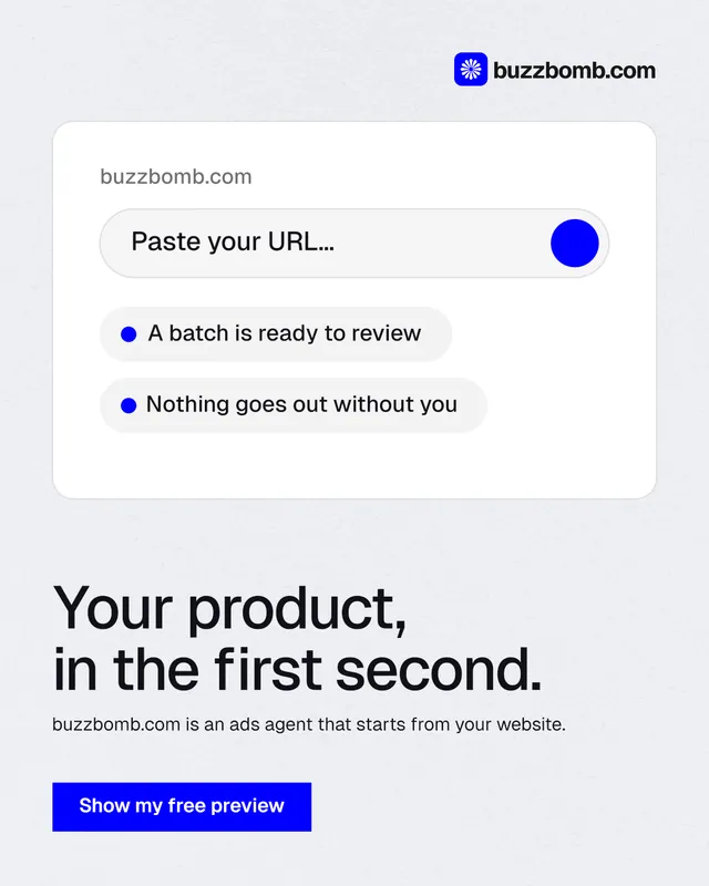 Instagram portrait post for BuzzBomb: "Your product, in the first second." Swiss style, bottom layout, light palette in white, blue.