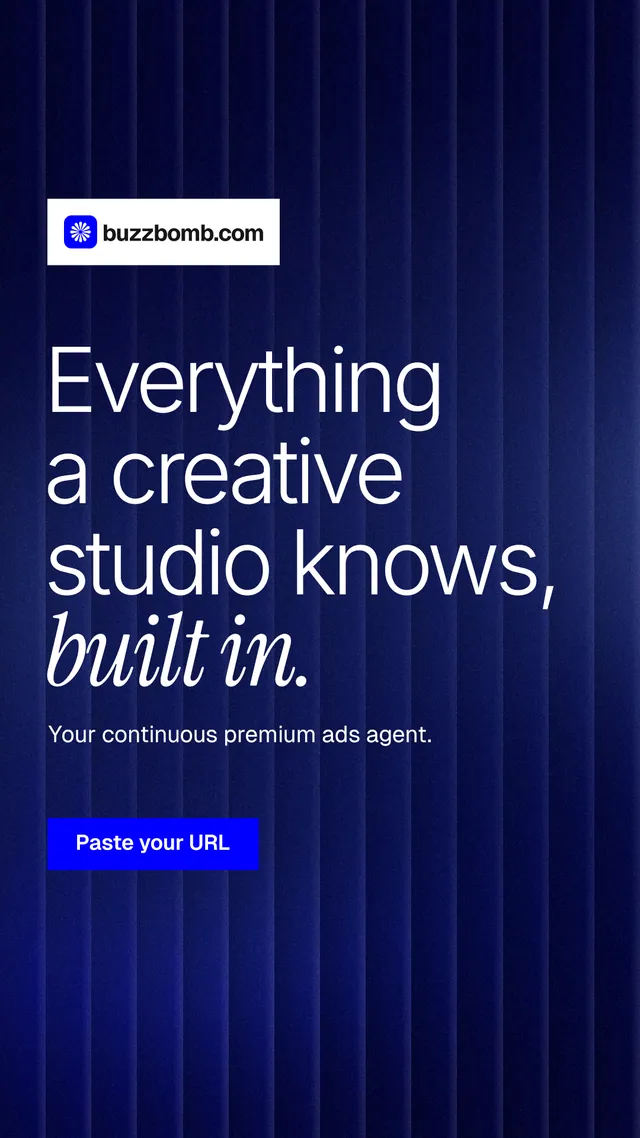 Instagram story for BuzzBomb: "Everything a creative studio knows, built in." Swiss style, announce layout, dark palette in black, blue, grey.