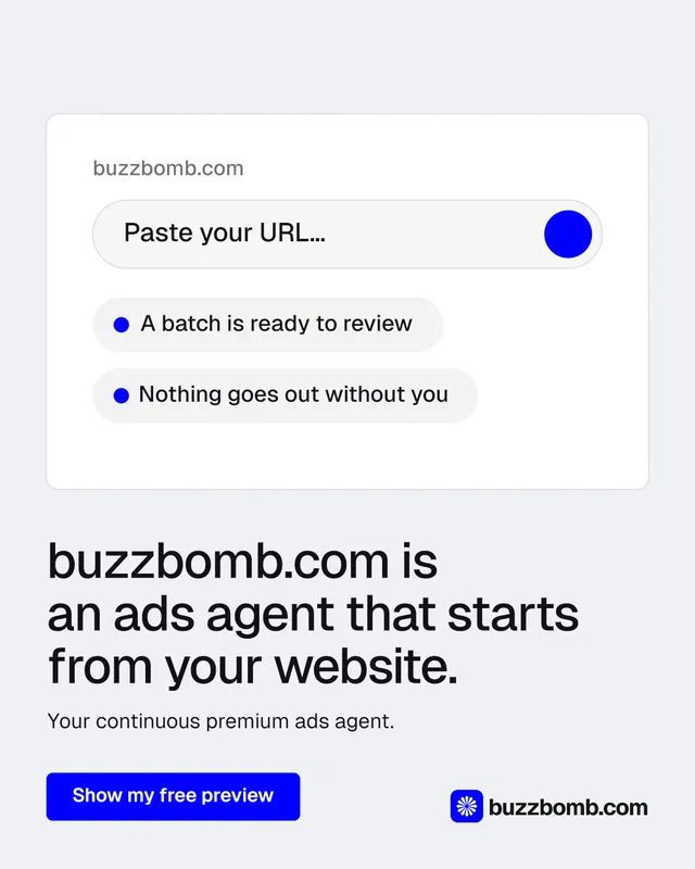 Instagram portrait post for BuzzBomb: "buzzbomb.com is an ads agent that starts from your website." Data card style, bottom layout, light palette in white, blue.