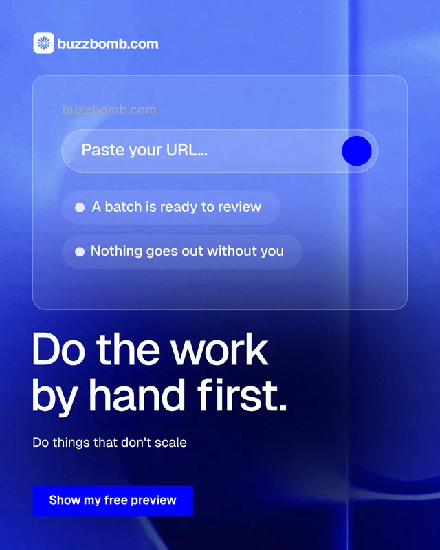 Instagram portrait post for BuzzBomb: "Do the work by hand first." Swiss style, bottom layout, dark palette in blue.