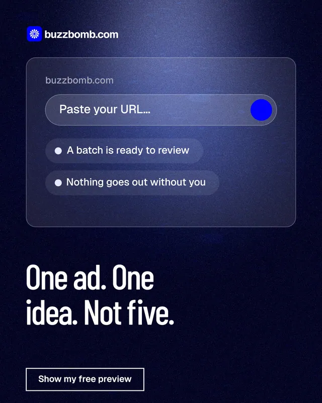 Instagram portrait post for BuzzBomb: "One ad. One idea. Not five." Dark deco style, bottom layout, dark palette in black, blue.