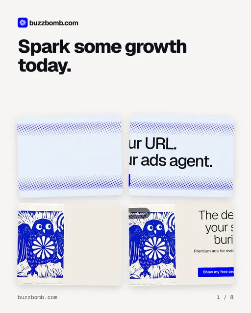 Carousel for BuzzBomb: "Spark some growth today.". Collection carousel, 8 slides, light palette.