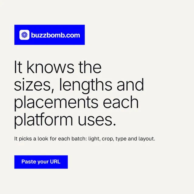 Instagram post for BuzzBomb: "It knows the sizes, lengths and placements each platform uses." Swiss style, announce layout, light palette in white, blue.
