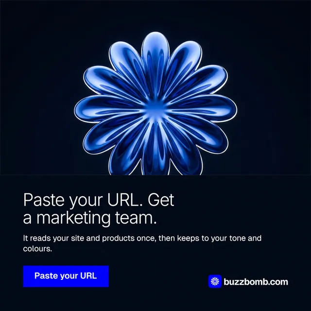 Instagram post for BuzzBomb: "Paste your URL. Get a marketing team." Swiss style, bottom layout, dark palette in black, blue.