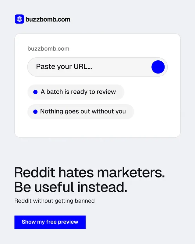 Instagram portrait post for BuzzBomb: "Reddit hates marketers. Be useful instead." Swiss style, bottom layout, light palette in white, blue.