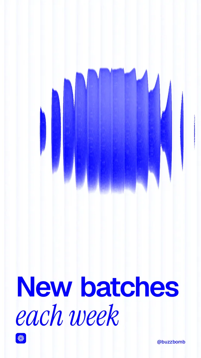 Instagram story for BuzzBomb: "New batches each week". Auto 9x16 style, technique:shader field layout, light palette in white, blue.